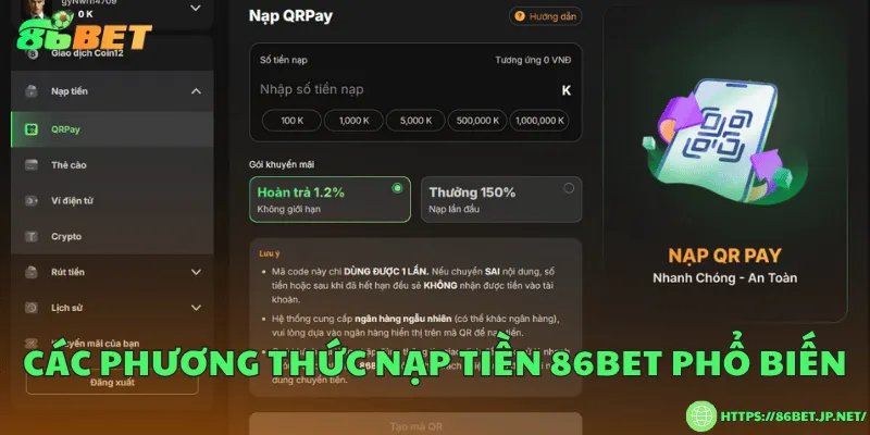 Các phương thức nạp tiền 86BET phổ biến